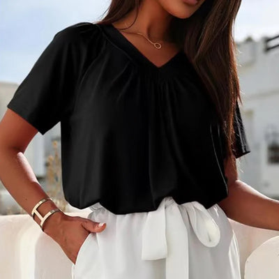 Blusa Casual de Mujer con Pliegues y Escote en V
