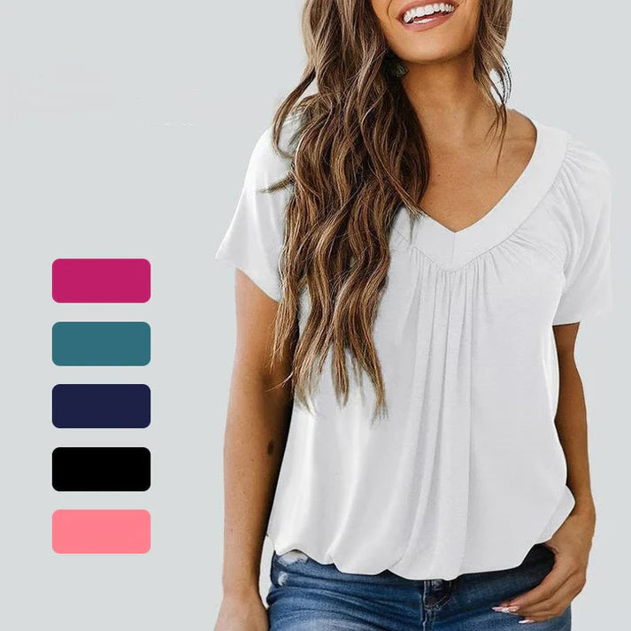 Blusa Casual de Mujer con Pliegues y Escote en V